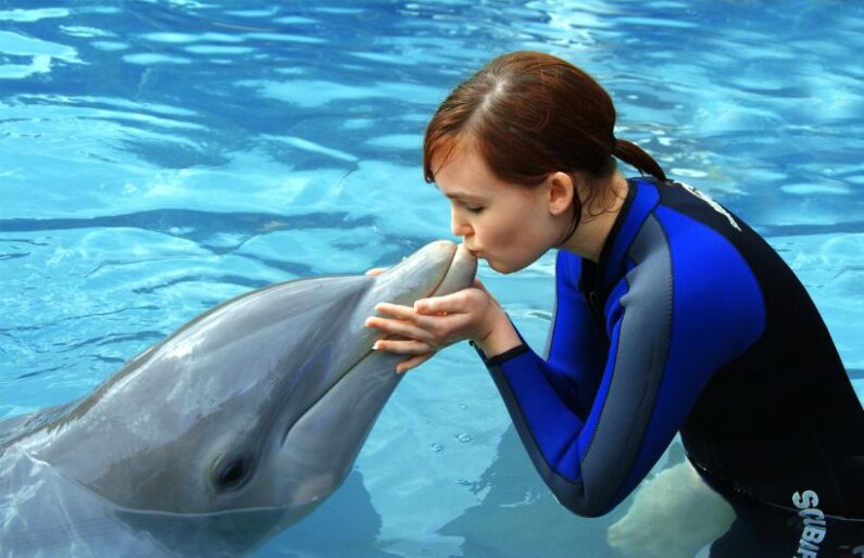 girl kiss a dolphin