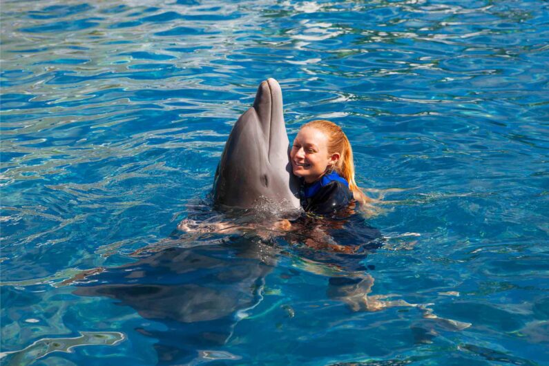 A person with a dolphin in the water